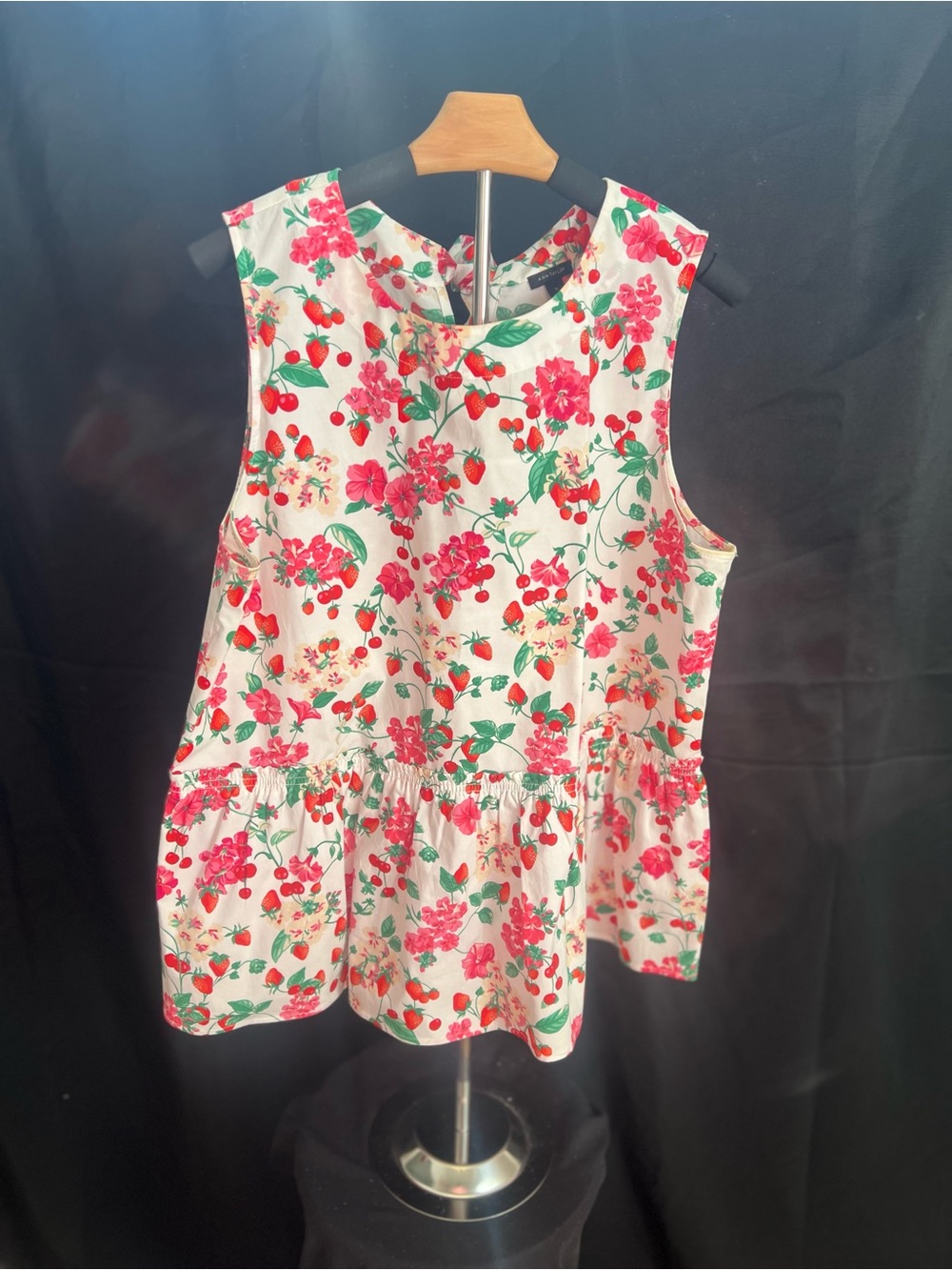 Women’s White Floral & Strawberry Print Peplum Top with Back Bow
